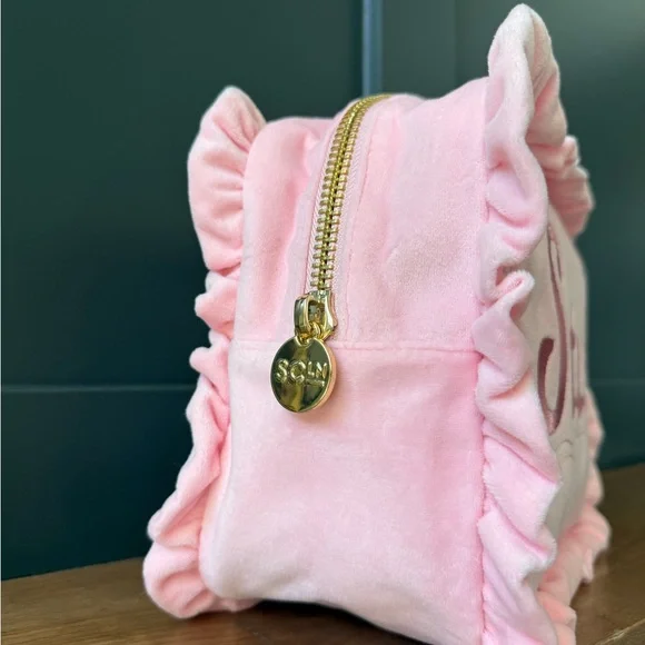 EUC Stoney Clover Lane Pink Velvet Ruffled Large “Stuff” Pouch - Picture 2 of 3